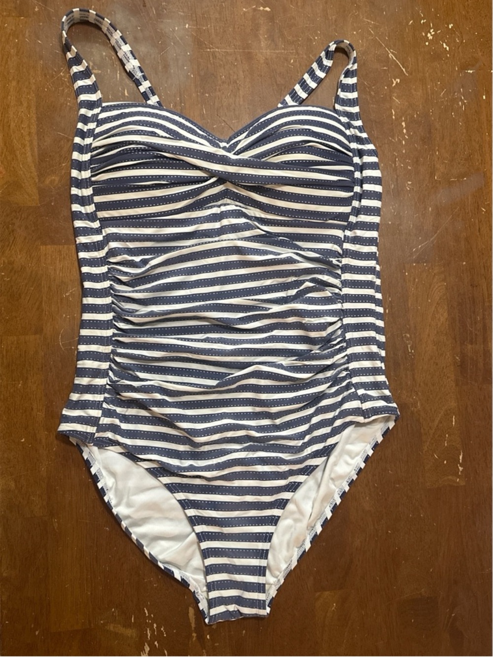 NipTuck Swim Size 8 Navy Striped Ruched One-Piece Swimsuit